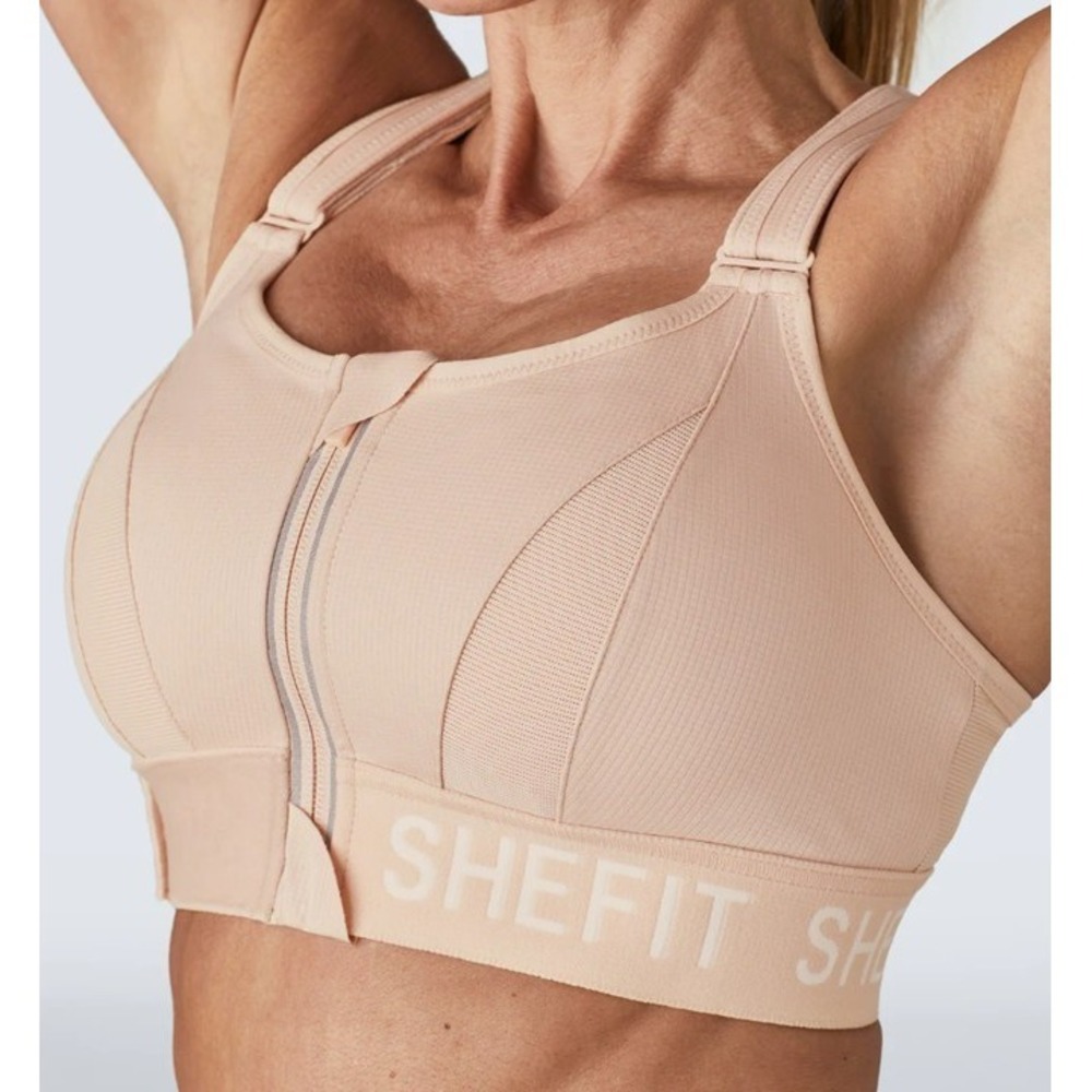 SHEFIT Front-Zip High Support Sports Bra in Nude